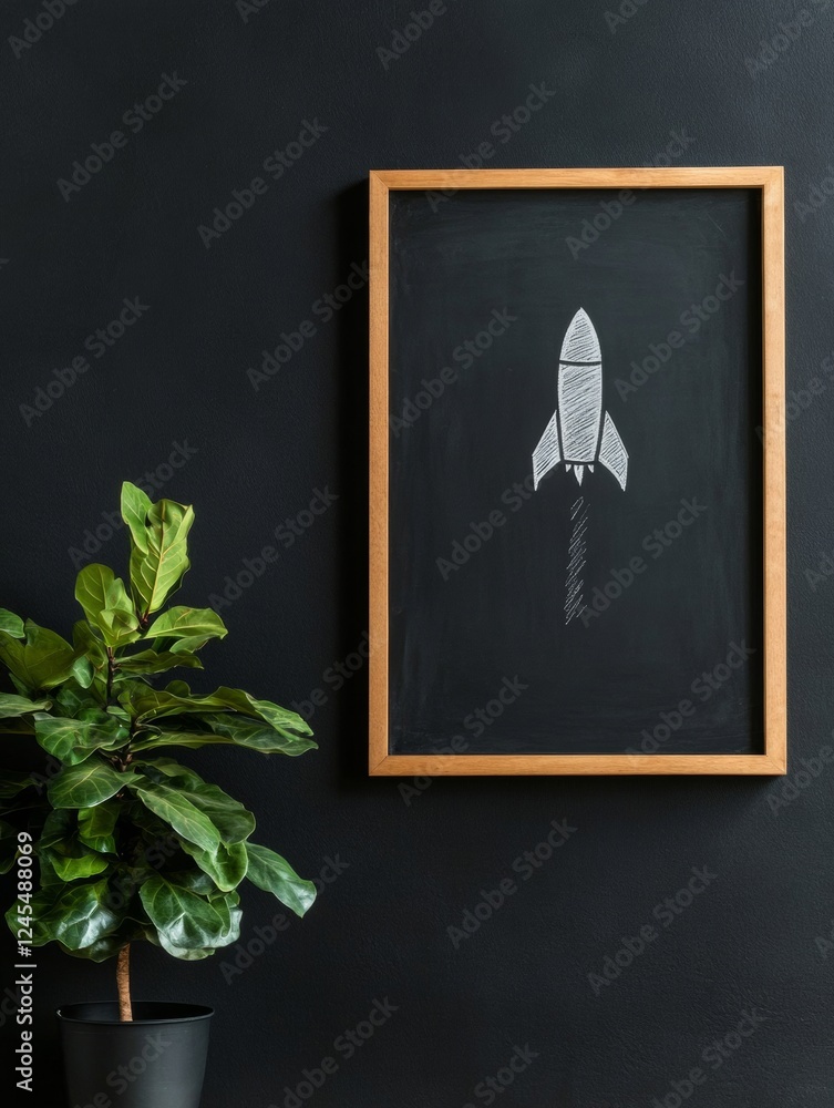 Aufkleber mid-century classroom chalkboard aesthetic wooden frame with rocket drawing - inspiring educational 