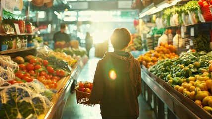 A person walks through a bustling farmers market, carrying a basket filled with fresh produce. The vibrant colors of fruits and vegetables line the aisles, creating a warm and inviting atmosphere - Powered by Adobe