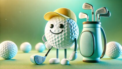 Naklejka premium A playful 3D illustration of a golf ball character with a smiling face, wearing a yellow and white cap