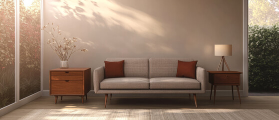 Modern living room with neutral tones and natural light during the afternoon