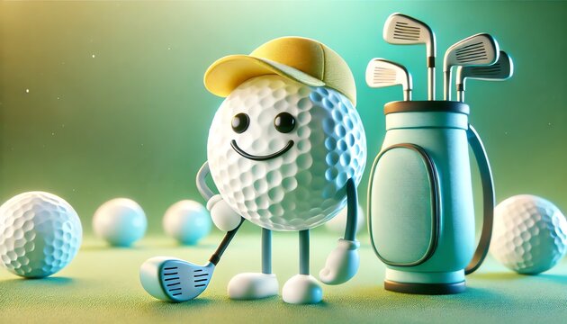 A playful 3D illustration of a golf ball character with a smiling face, wearing a yellow and white cap