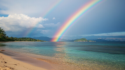 Vibrant rainbow over quiet beach with crystal clear water
