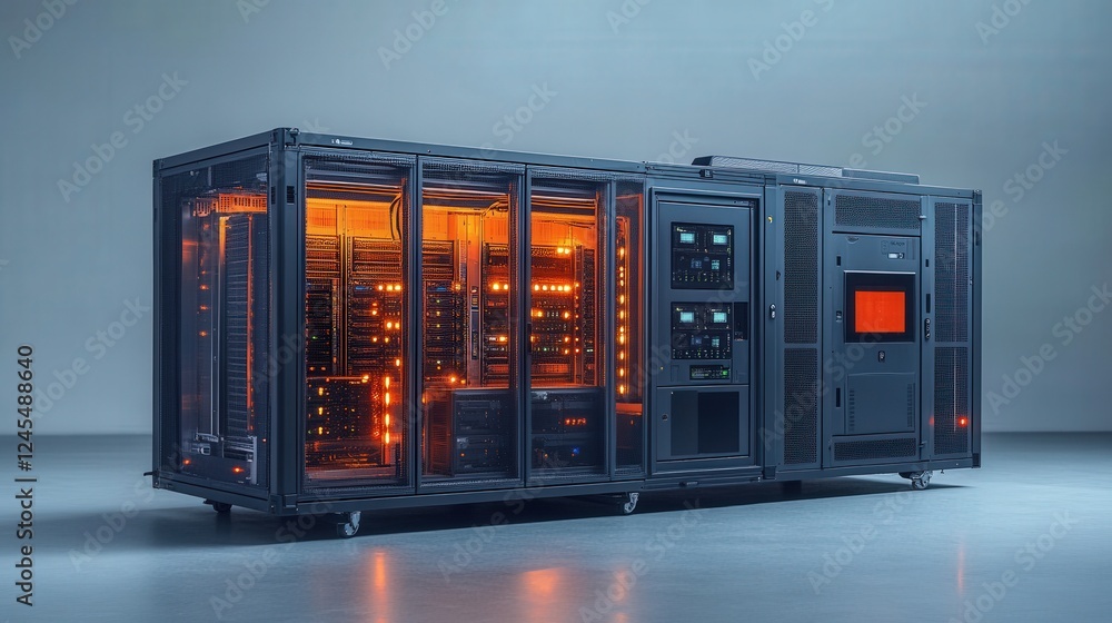 Poster high-tech data center with illuminated servers and cooling systems in a modern environment