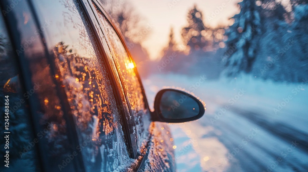 Poster frost covers a car window as the sun sets on a winter day, casting a warm glow amidst the cold. snow