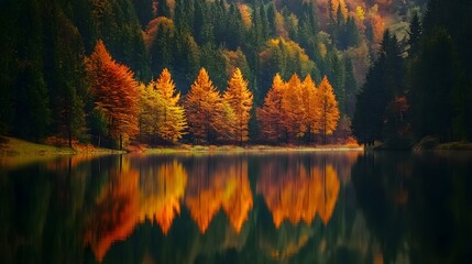 Naklejka premium Vibrant autumn landscape, serene lake reflecting orange trees, peaceful nature setting, perfect for relaxation or inspiration.
