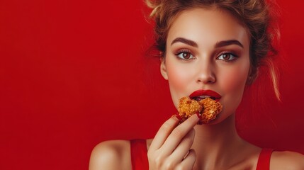 Young woman with red lipstick eating fried chicken, nuggets over vivid red background. Fast food...