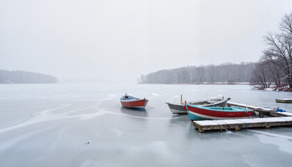 Fototapeta premium Iced-over boat dock by misty lake on cold morning, serene isolation