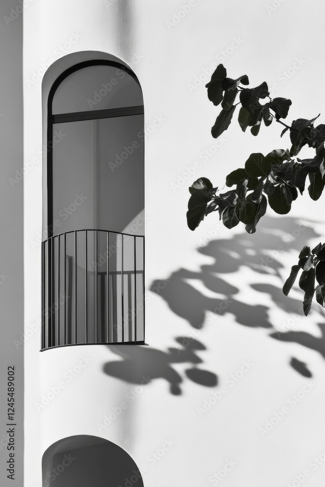 Aufkleber modern minimalist architecture elegant arched window with black metal railings and leaf shadows on s