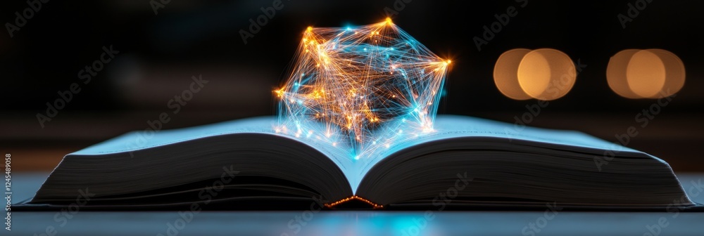 Aufkleber Futuristic Knowledge Hub Abstract Digital Network Over Open Book - Illuminated Conceptual Design for Innovative Publishing and Interactive Education Solutions