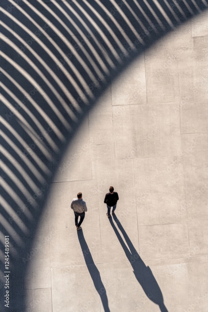 Aufkleber minimalist concrete aesthetic drone view of two professionals in shadow-patterned urban space - mode