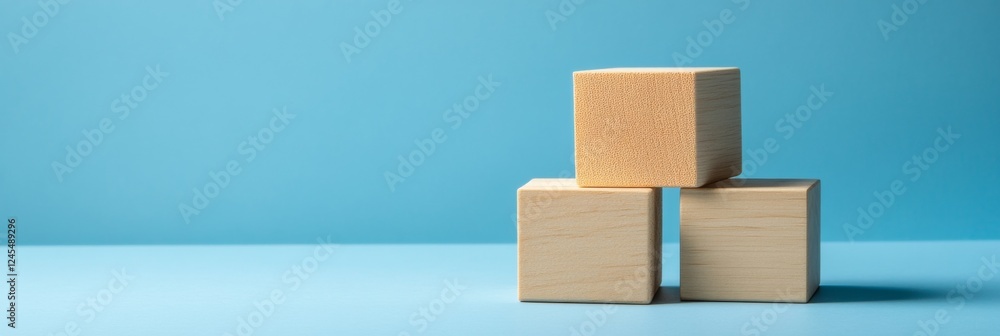 Poster minimalist business strategy display wooden cube arrangement on blue backdrop - enhancing strategic 
