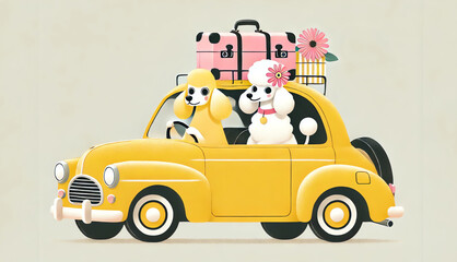 Naklejka premium A yellow vintage car with two poodles inside, one driving and the other sitting in the back seat