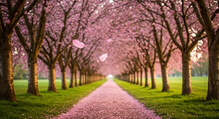 Naklejka premium Ephemeral blossoms: The falling petals emphasize the fleeting beauty of the cherry blossoms in full bloom.