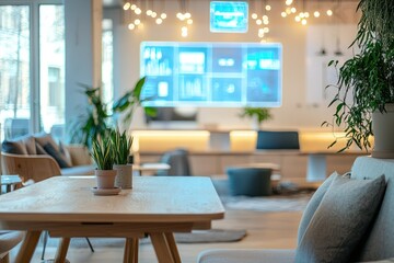 Fototapeta premium Holographic campaign tools dynamically featured in a serene coworking lounge.