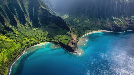 Obraz premium A captivating scenic coastal lagoon embraced by lush green cliffs and filled with crystal clear water. The lagoon presents a harmonious blend of natural beauty, with the verdant cliffs and transparent