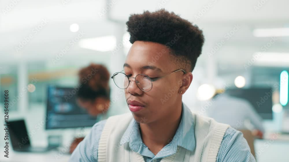 Poster Programmer, it support and man on computer for coding research, project or cybersecurity update. Glasses, system and developer on technology for web development, programming and building software