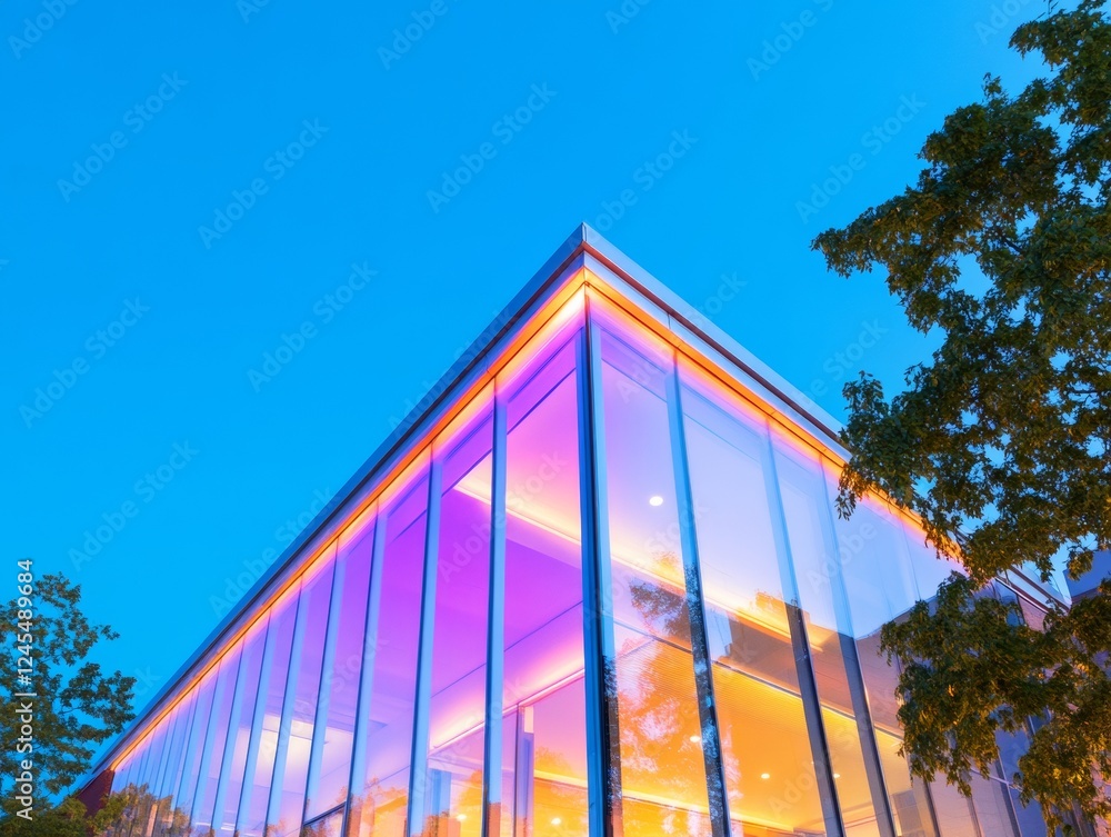 Poster colorful futuristic architecture transparent glass facade with dynamic led lighting for modern urban
