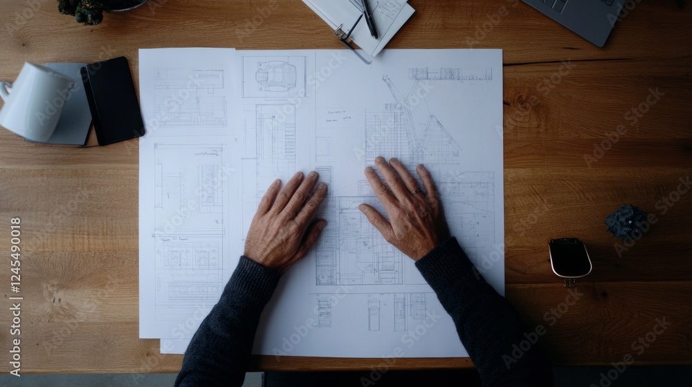Poster scandinavian-inspired architectural blueprint review professionals collaborate on wooden table for m