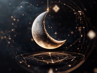Mystical Astrological Decor Glowing Crescent Moon and Mirror with Zodiac Motifs - Premium Home Aesthetics for Modern Living Spaces and Cosmic Marketing Visuals