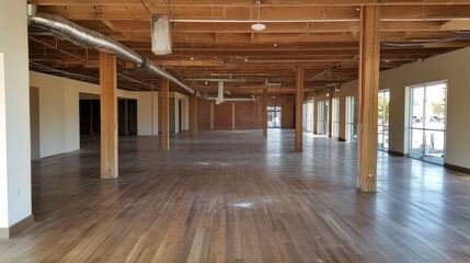 Fototapeta premium Empty spacious warehouse interior with exposed wooden beams and hardwood floors.