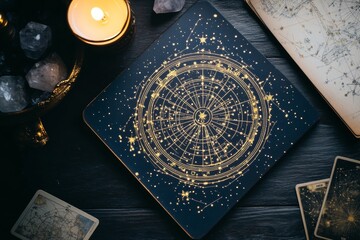 Celestial Aesthetic Mystical Zodiac Wheel on Dark Wood with Crystals and Candlelight - Spiritual Branding and Modern Wellness Retreat Ambience