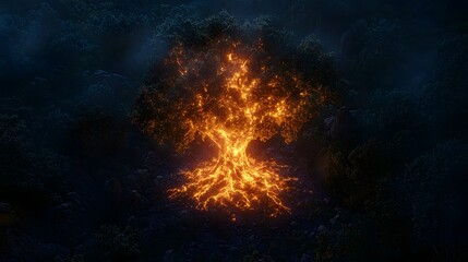 Fototapeta premium Fiery explosion in dark sky, bright orange flames with smoke billowing, enhances dramatic effects for action scenes.