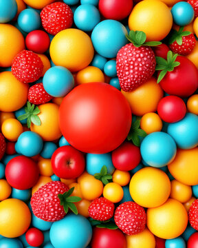 Vibrant assortment of colorful fruits and spheres on a surface.