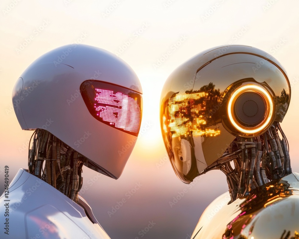 Aufkleber Futuristic Tech Aesthetic Robotic Interaction Showcase in Sleek Metallic and Holographic Design - Innovation Content for AI Collaboration and Startup Ventures