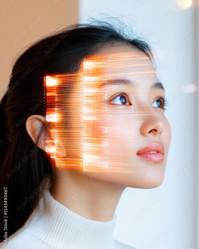 Leinwandbilder futuristic portrait asian female with holographic light streaks on face - ai integration and virtual