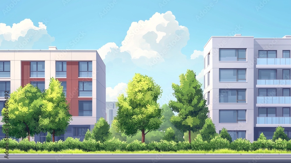 Poster vibrant urban landscape featuring contemporary apartment complexes flanked by trees. the setting ref