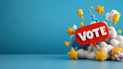 Vibrant 3D comic book style speech bubble with bold colors and text encouraging citizens to exercise their democratic right to vote and participate in the political process  Concept of civic duty
