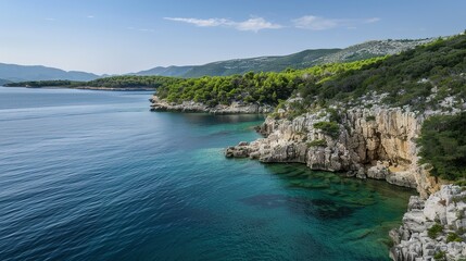A captivating scenic coastal lagoon embraced by lush green cliffs and filled with crystal clear water. The lagoon presents a harmonious blend of natural beauty, with the verdant cliffs and transparent