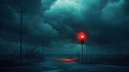 A red siren flashing in the distance, with a dark, stormy sky overhead 