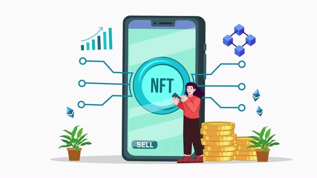 Bring NFT characters to life with flat vector animation. Clean lines, bold visuals, and dynamic characters highlight the digital world of NFTs, showcasing them in a modern, minimalist design.