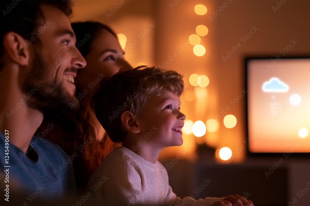 Aufkleber contemporary smart living family engaging with ai assistant in warm modern room - enhancing lifestyl