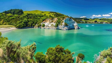 A captivating scenic coastal lagoon embraced by lush green cliffs and filled with crystal clear water. The lagoon presents a harmonious blend of natural beauty, with the verdant cliffs and transparent