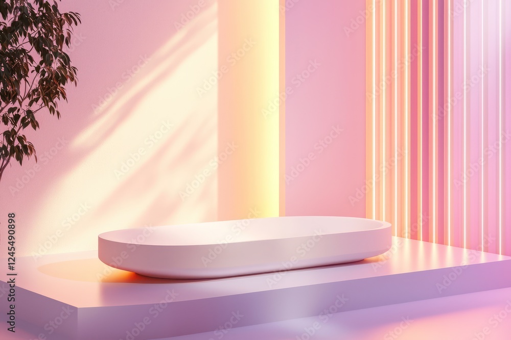 Poster pastel gradient walls and soft lighting backdrop a floating rectangular podium in matte white, enhan
