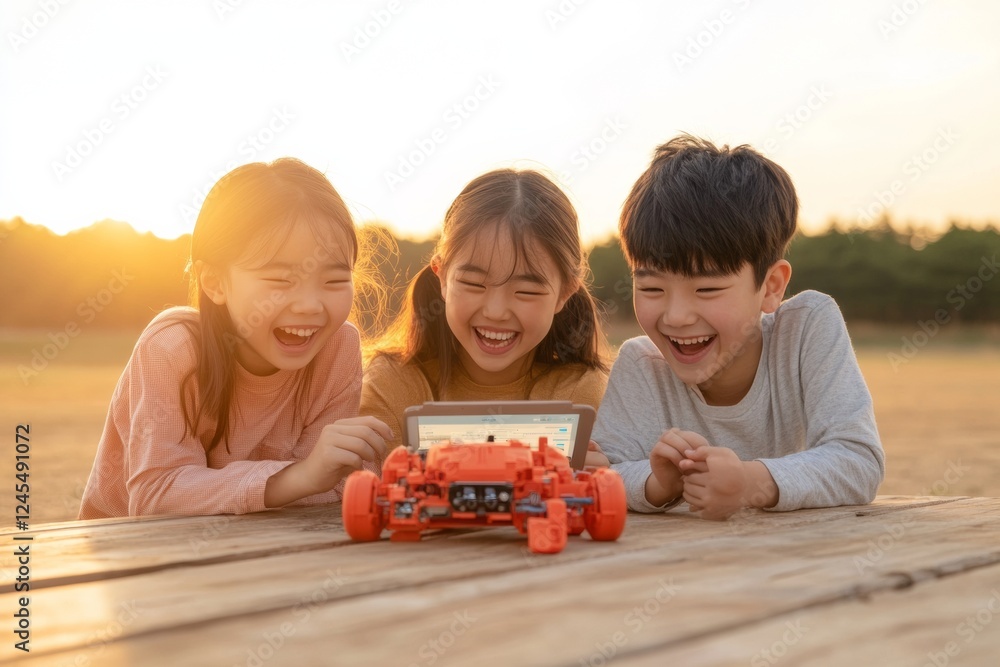 Poster golden hour robotics playful outdoor stem learning with children and colorful tech assemblies - enha