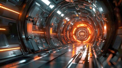 Fototapeta premium A Glowing Futuristic Sci-Fi Tunnel: An Immersive Journey Through a Cyberpunk Corridor of Orange and Dark Metal