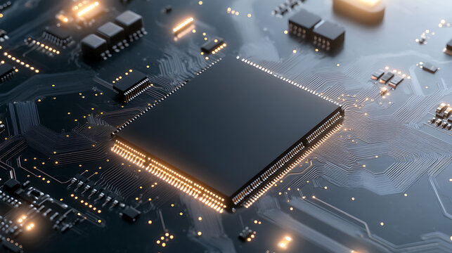 ai technology chipset on circuit board with glowing interface, artificial intelligence, futuristic electronic circuit board, microchip connection, black color - Powered by Adobe