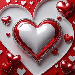 Red and white valentine's day background design with detailed realistic elements such as heart shape with shiny effect designed for wallpaper background