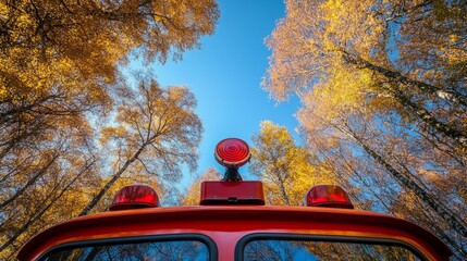 A red siren spinning on top of a vintage firetruck, with trees and a clear blue sky behind it 