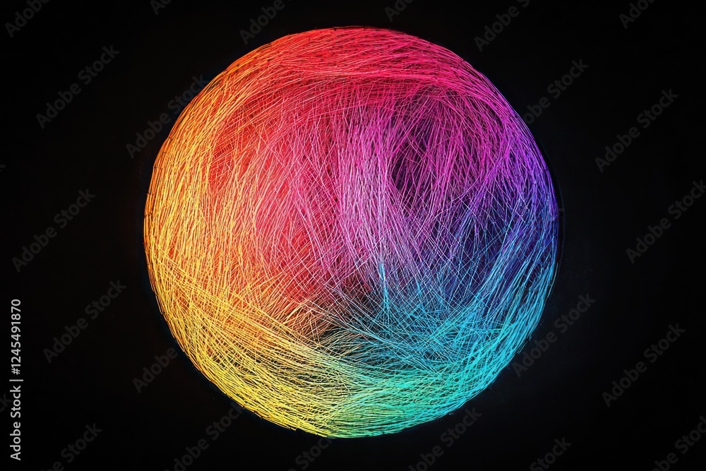 Poster vivid neon threads glow dynamically on a circular embroidered patch against a shadow-rich black back