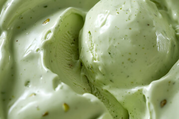close-up of pistachio ice cream slowly melting, showing its creamy texture and vibrant green color on pristine white surface, capturing refreshing and indulgent dessert moment.