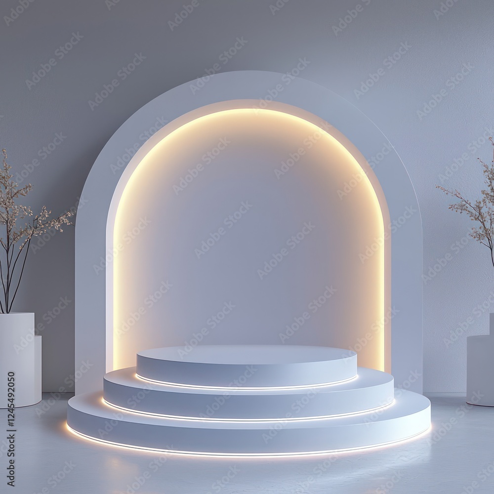Poster in a minimalist setting, a layered circular podium with frosted edges subtly glows.