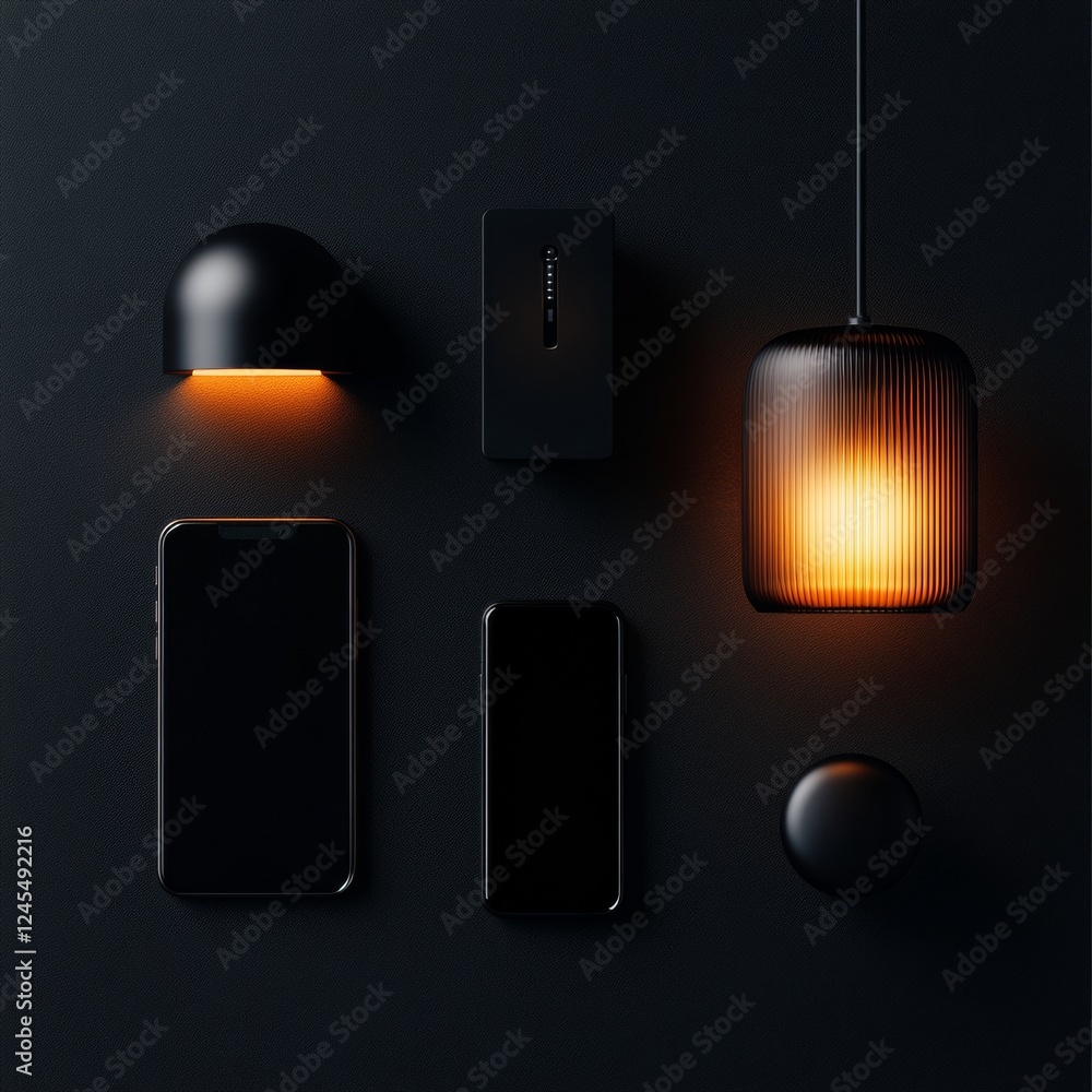 Aufkleber futuristic uwb smart home setup minimalistic devices on glossy black surface - enhanced connectivity