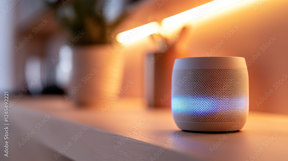 Aufkleber modern uwb smart speaker sleek metallic design on wood shelf in warm ambient lighting - enhancing co