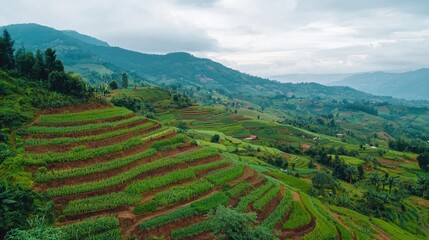 Fototapeta premium Lush Green Terraced Fields Under Cloudy Sky in Rural Landscape