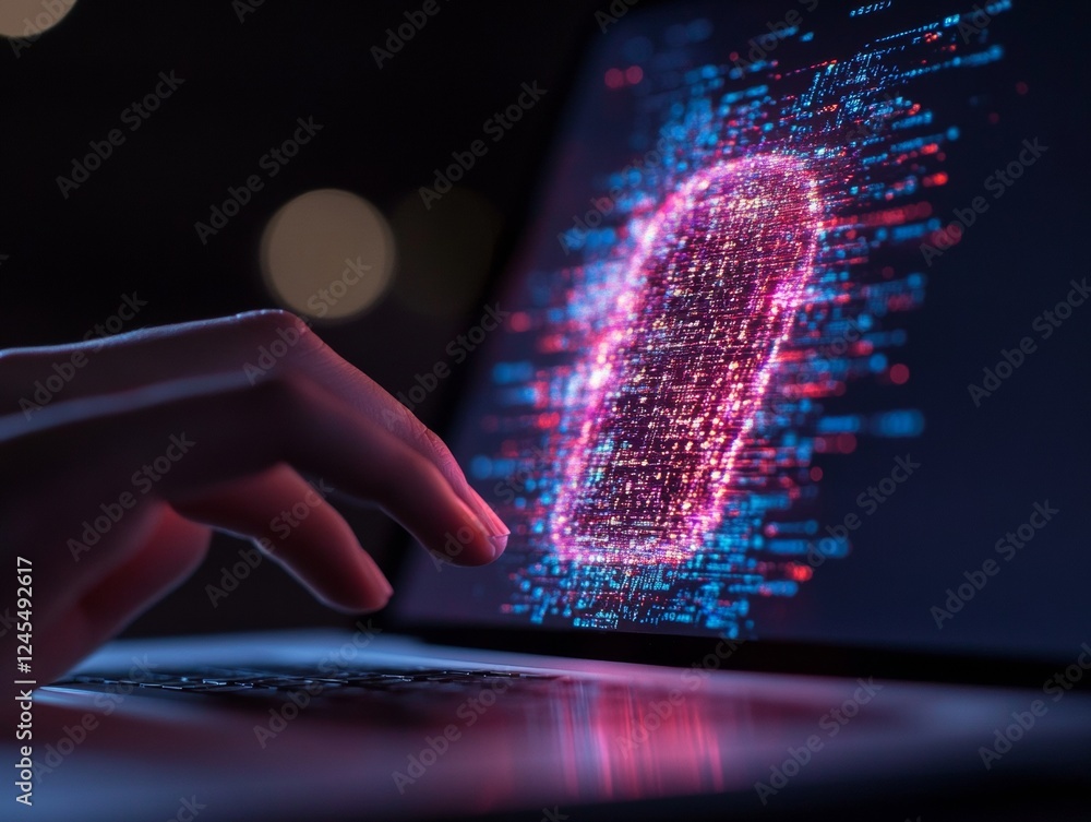 Poster Futuristic Digital Security Graph Hand on Laptop with Holographic Padlock and Network Nodes - High-Tech Cyber Protection for Business Innovation and Data Privacy