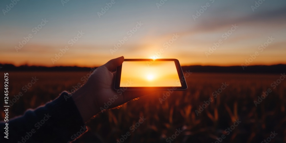 Poster golden hour smart farming digital tablet in cornfield for precision agriculture - agricultural tech 